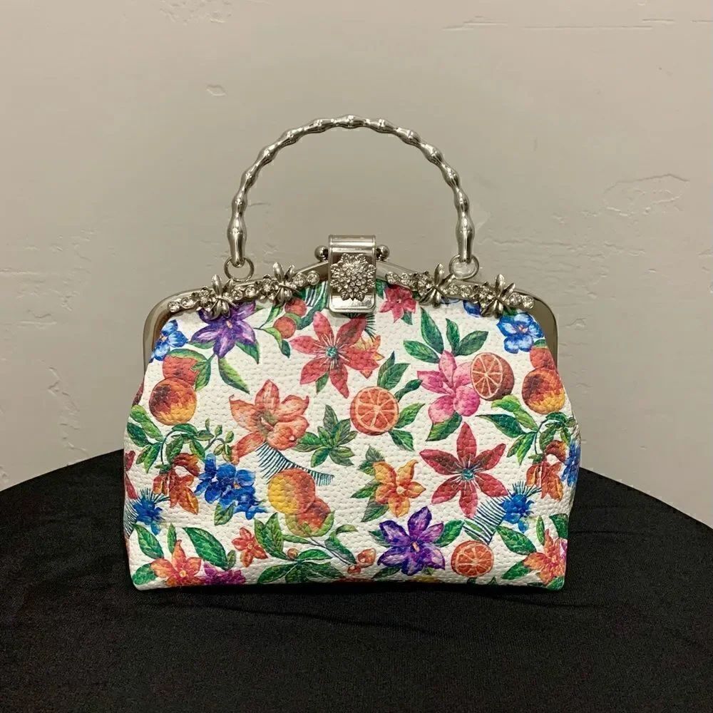 Handmade Genuine Embossed Leather Rhinestone Metal Frame Handbag & Small Purse - Picture 2 of 16